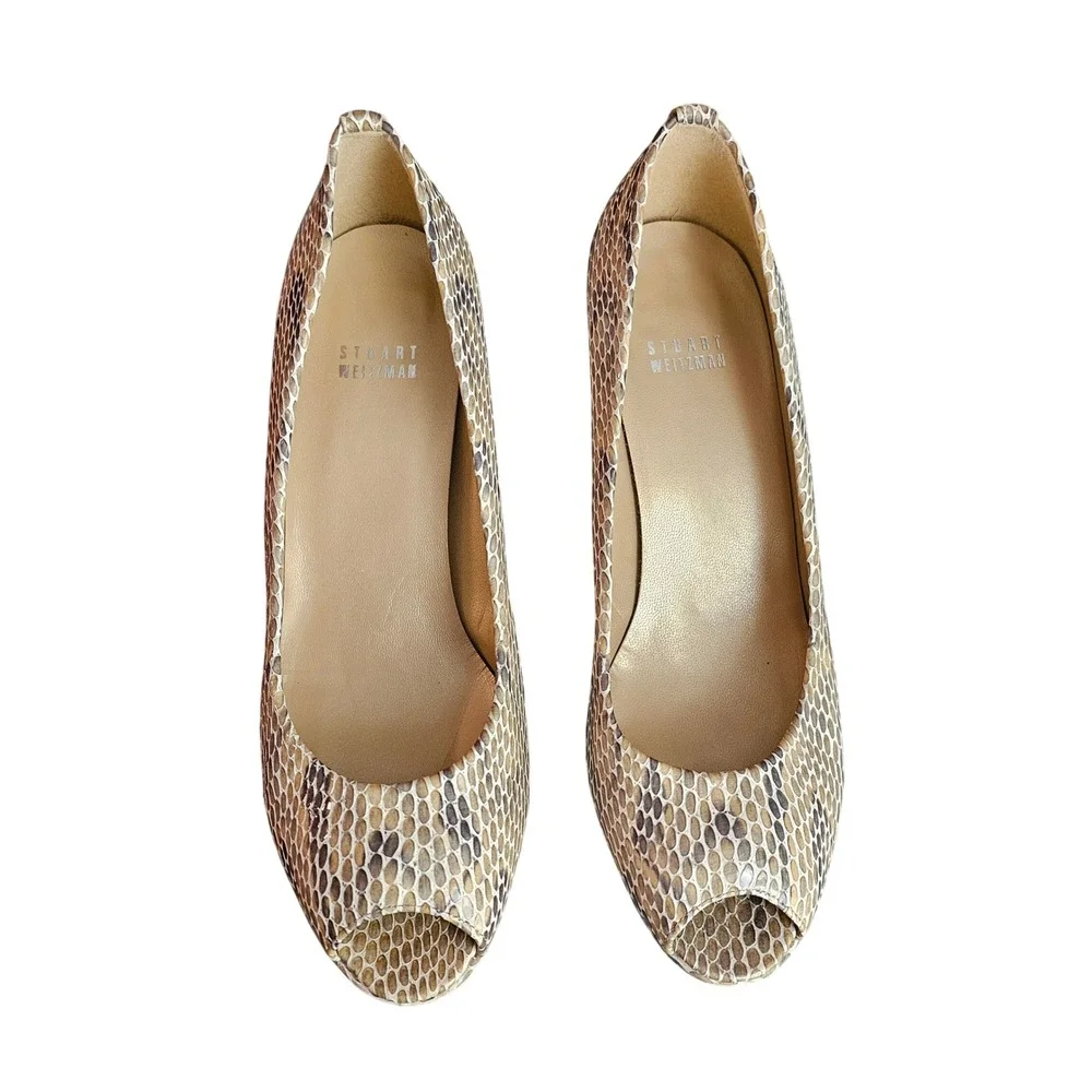 Stuart Weitzman Beige‎ Black Snake Skin Plainfield Open Toe Heels 8.5 M